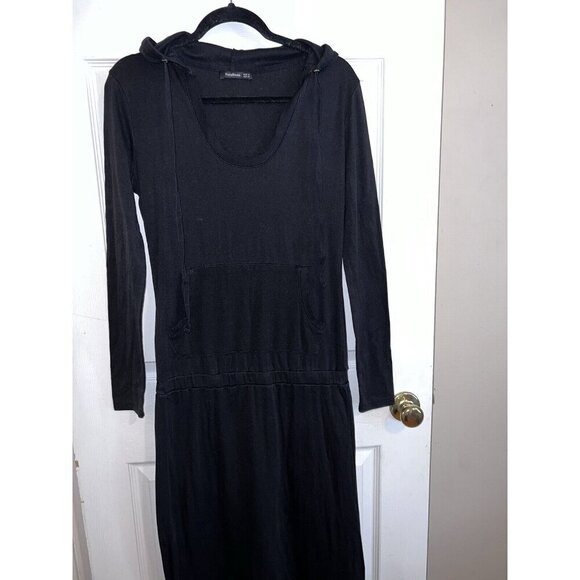 PATTYBOUTIK Black V-Neck Long Sleeve Stretch T-Shirt Hooded Maxi Dress - Picture 1 of 16